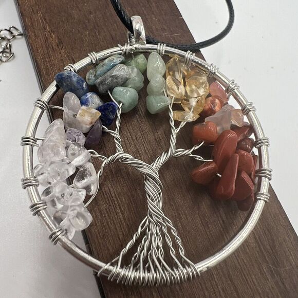Natural Gemstone Tree Of Life Necklace Chakra Healing Wire Wrap Handmade Vegan - Picture 5 of 11
